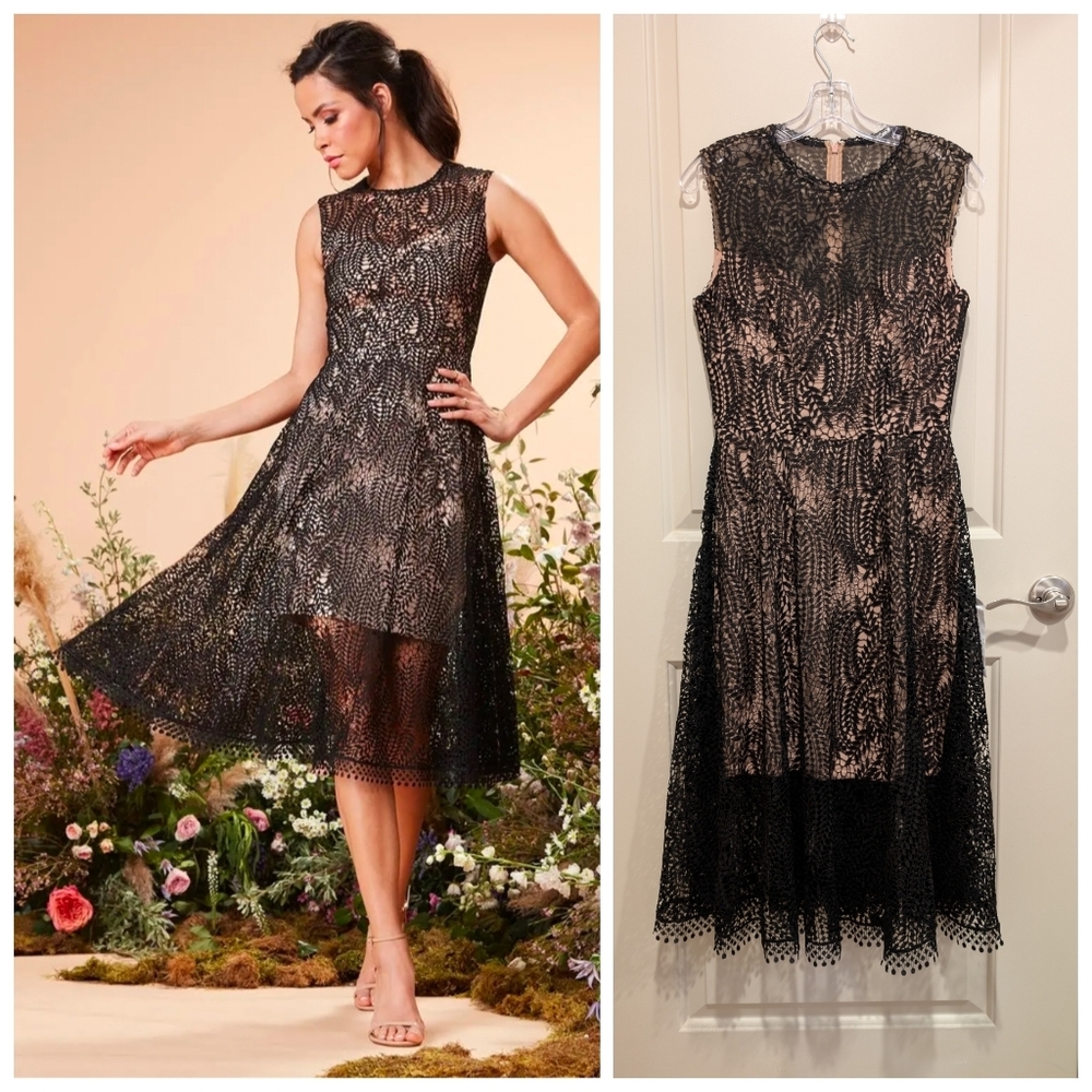Dress the Population Shane Black Vine Lace Midi Dress Size Small